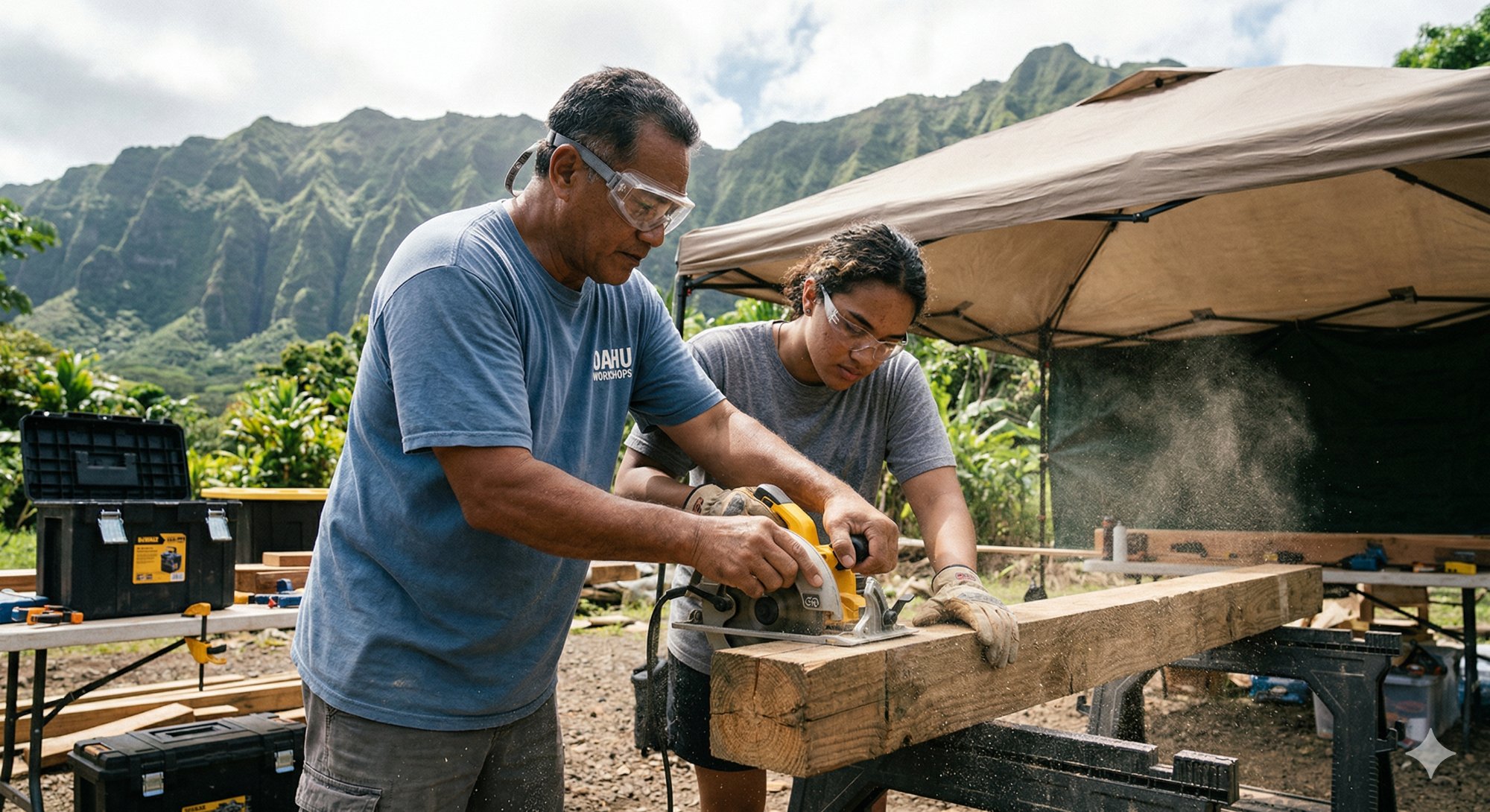 Instructor and student sawing lumber with Koʻolau mountains in background