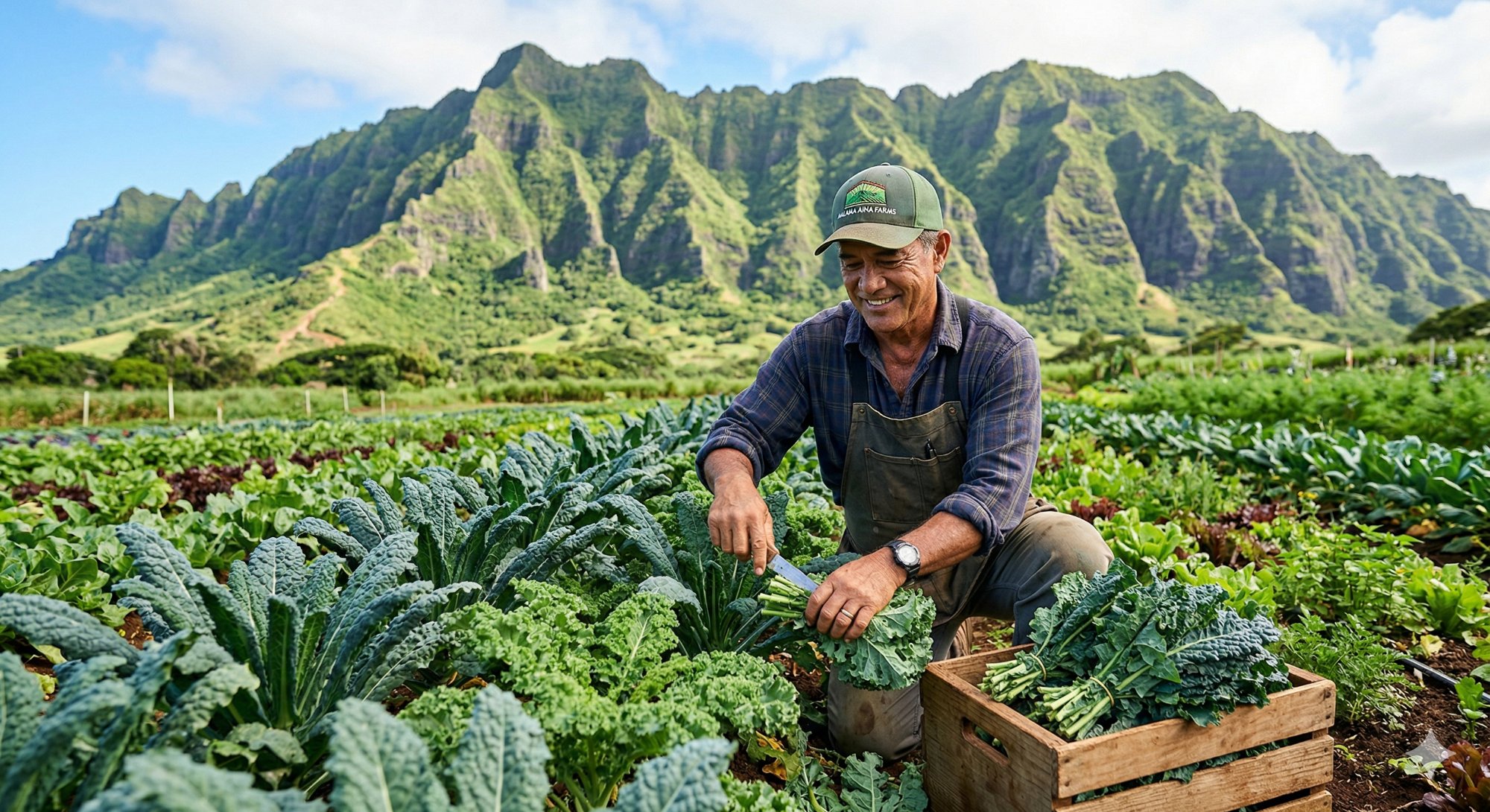 Hawaiian farmer harvesting greens with Koʻolau mountains