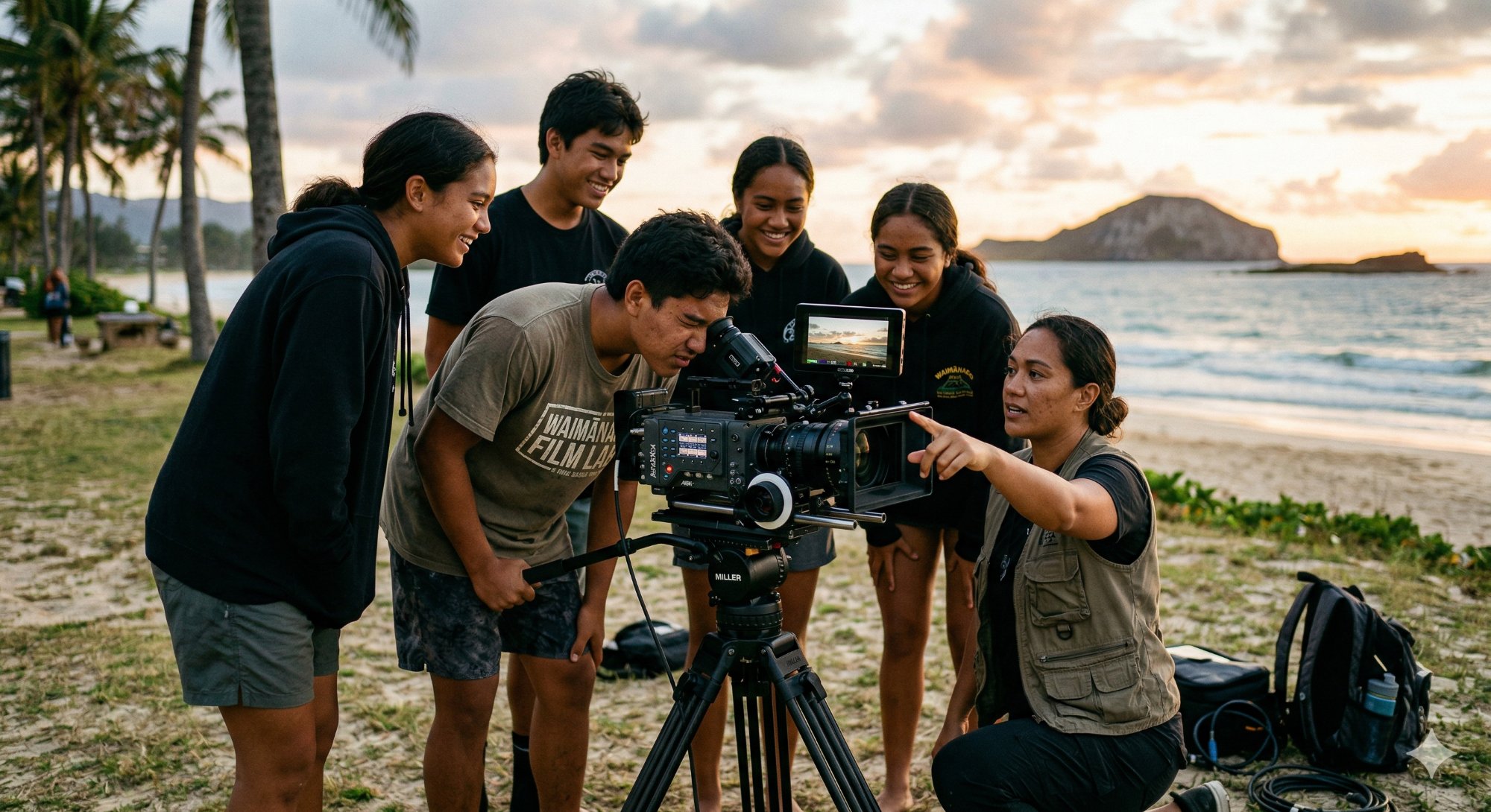 Multi Media Academy students learning professional camera operation at Waimānalo Beach