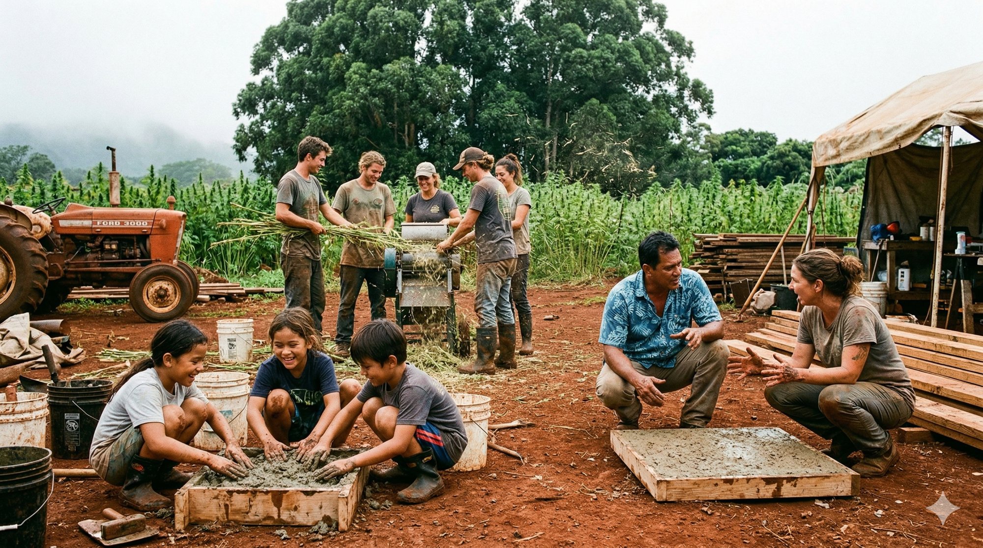 Multigenerational community processing hemp fiber at a Waimānalo farm