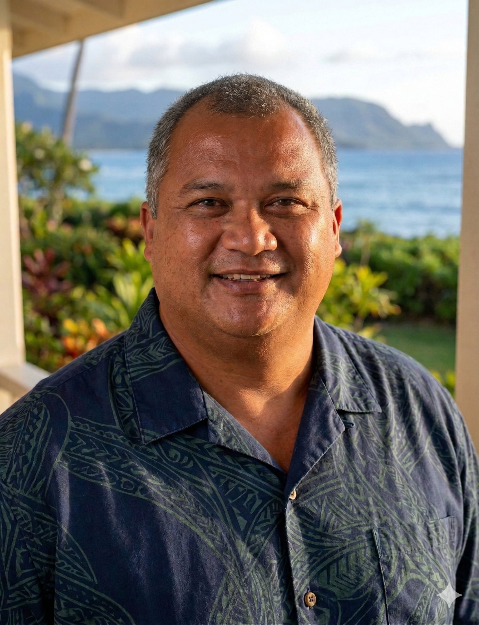Scotty Reis-Moniz, Executive Director and President of Friends of Waimanalo, photographed on a lānai with ocean and mountains behind