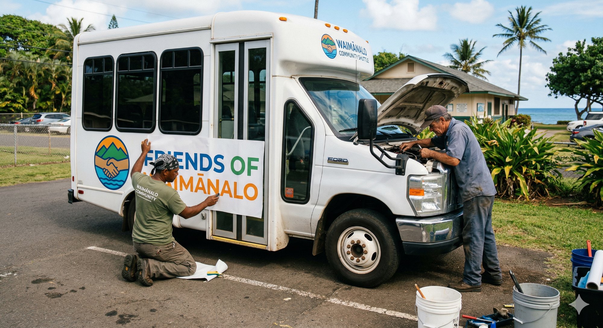 Friends of Waimanalo community shuttle bus being maintained