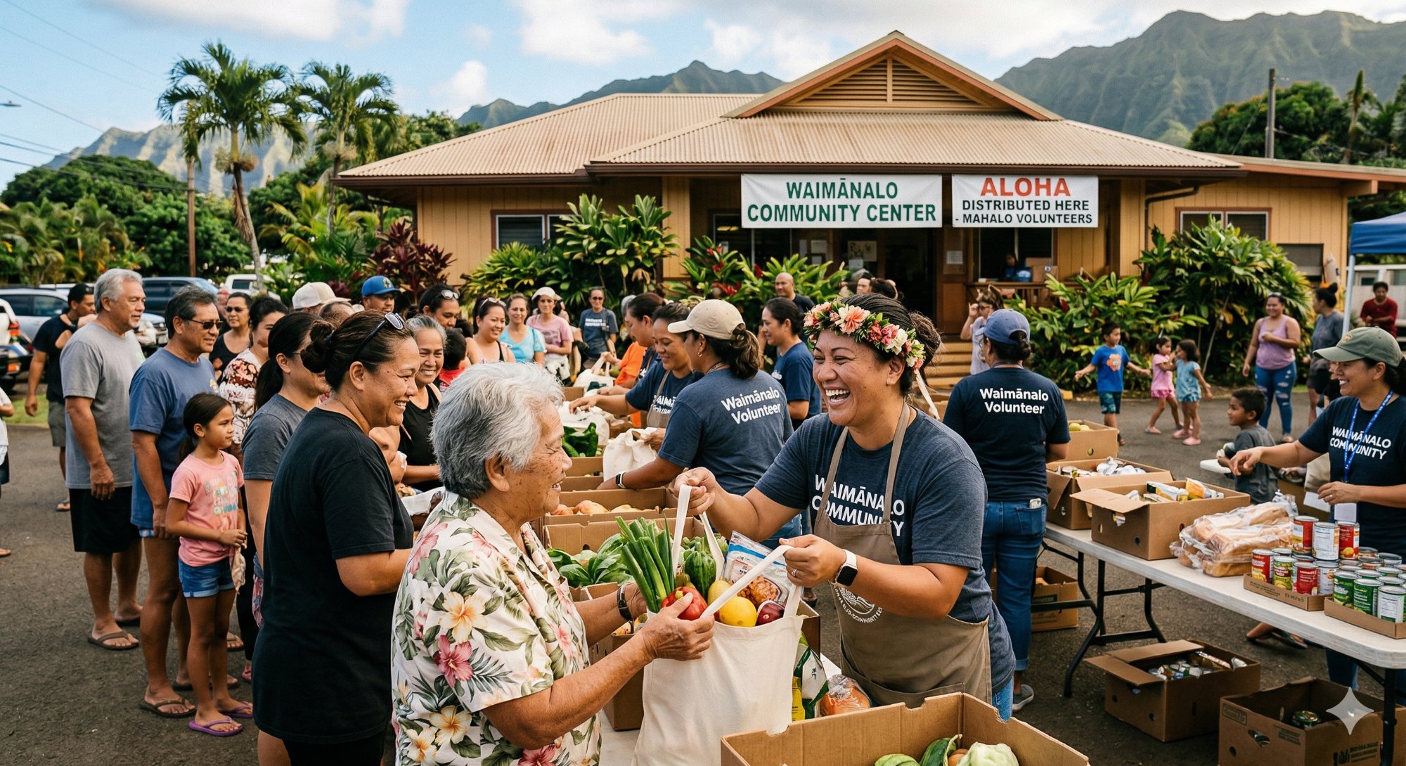 Volunteers distributing food at Waimānalo Community Center